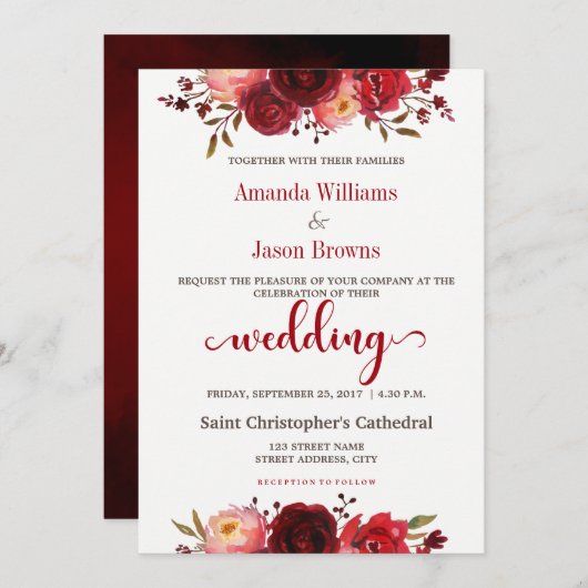 Einladung von Burgundy Marsala Red Floral Wedding (Vorne/Hinten)