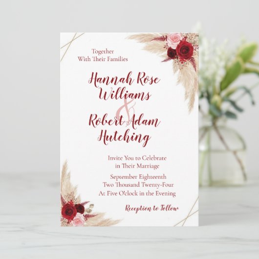 Einladung von Burgundy Pampas Grass Hochzeit (Stehend Vorderseite)