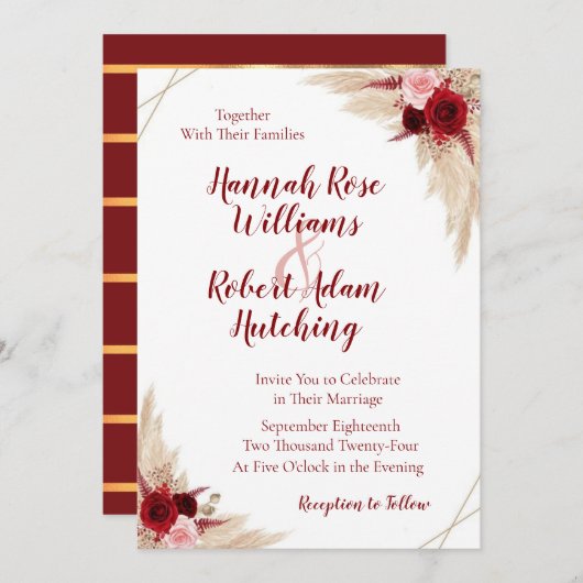 Einladung von Burgundy Pampas Grass Hochzeit (Vorne/Hinten)