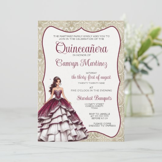 Einladung von Burgundy Quinceañera (Stehend Vorderseite)