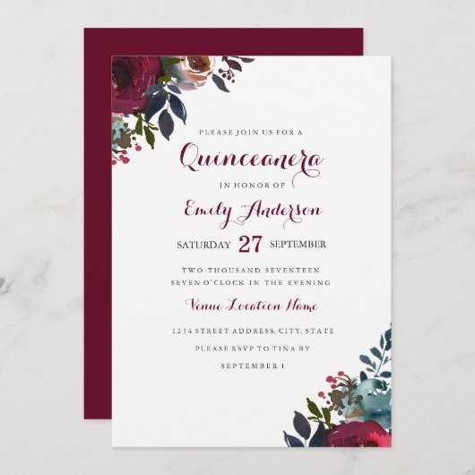 Einladung von Burgundy Watercolor (Vorne/Hinten)