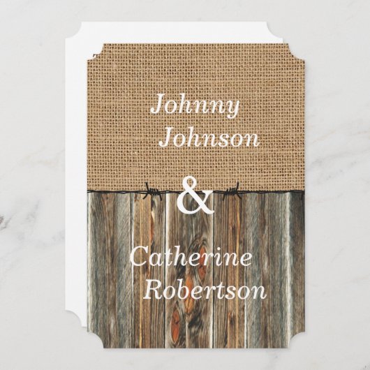 Einladung von Burlap Barnwood Barbed Wire (Vorne/Hinten)