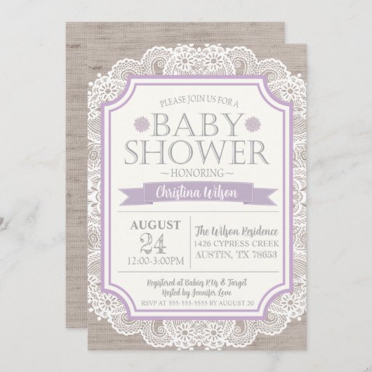 Einladung von Burlap Lila & Lace Baby Dusche (Vorne/Hinten)