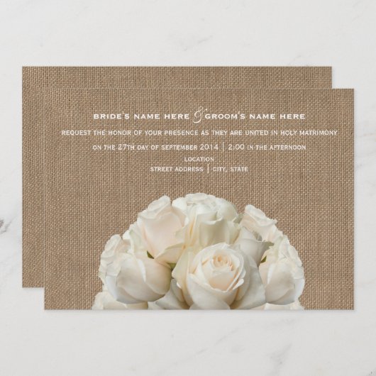 Einladung von Burlap- White Roses Hochzeit (Vorne/Hinten)