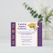 Einladung von Cap & Diploma, Gold & Lila Abschluss (Stehend Vorderseite)