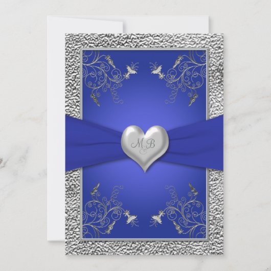 Einladung von Cobalt Blue und Pewter Heart Monogra (Vorderseite)