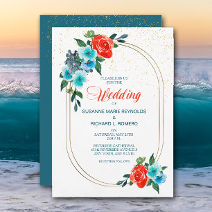 Einladung von Confetti Coral und Aqua Floral Weddi