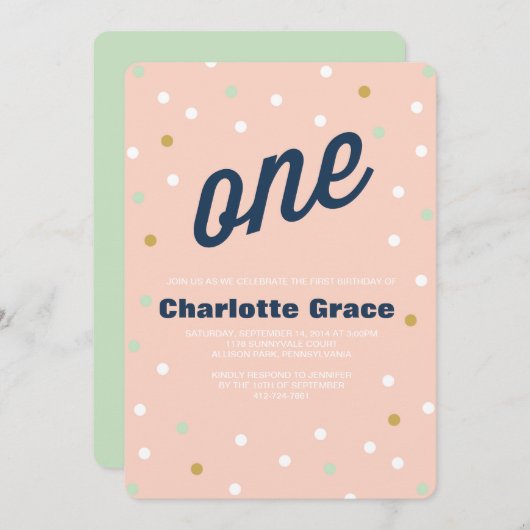 Einladung von Confetti zum ersten Geburtstag (Vorne/Hinten)