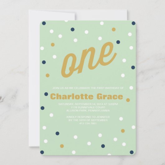 Einladung von Confetti zum ersten Geburtstag (Vorderseite)