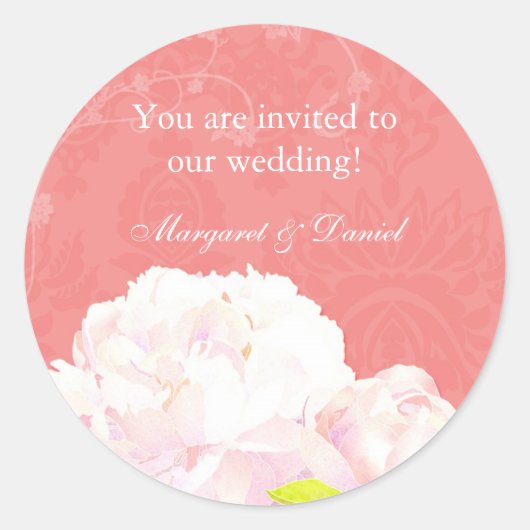 Einladung von Coral Reef Peony Wedding Runder Aufkleber (Vorderseite)