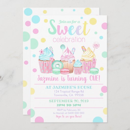 Einladung von Cupcake zum Geburtstag - Süßigkeiten (Vorne/Hinten)