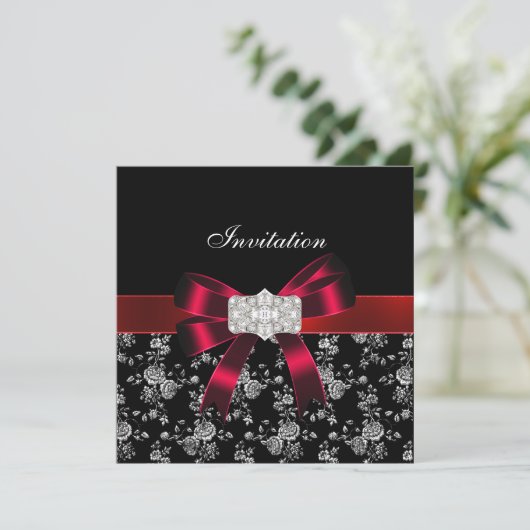 Einladung von Damask Black Red White Jewel Bow (Stehend Vorderseite)
