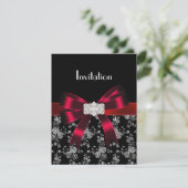 Einladung von Damask Black Red White Jewel Bow (Stehend Vorderseite)
