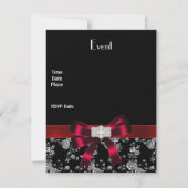 Einladung von Damask Black Red White Jewel Bow (Rückseite)