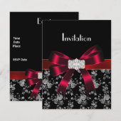 Einladung von Damask Black Red White Jewel Bow (Vorne/Hinten)