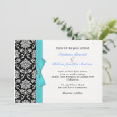 Einladung von Damask Blue Bow Hochzeit (Stehend Vorderseite)