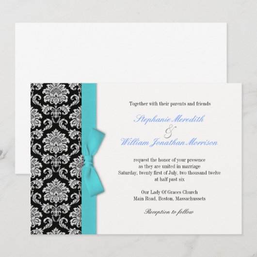 Einladung von Damask Blue Bow Hochzeit (Vorne/Hinten)
