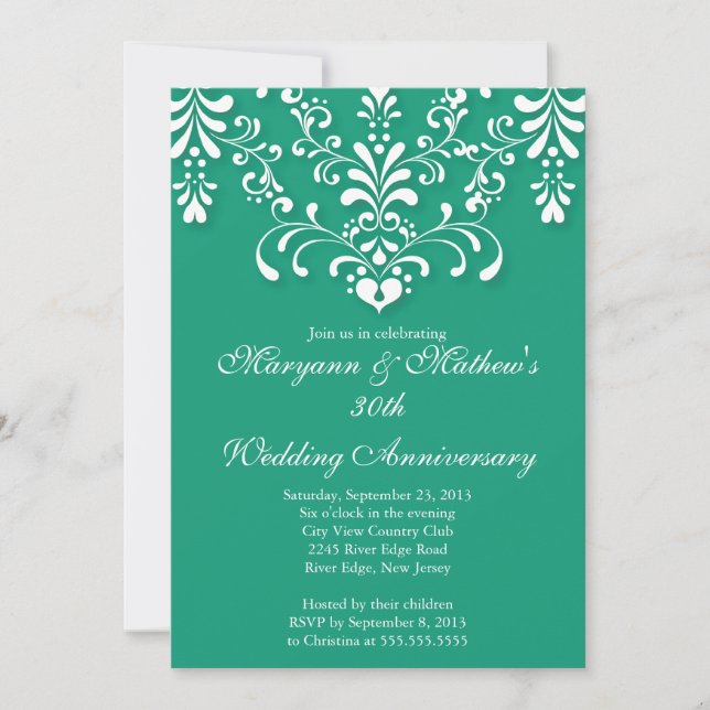 Einladung von Damask Emerald Wedding zum Jahrestag (Vorderseite)