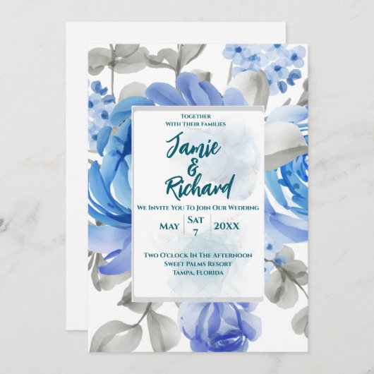 Einladung von Deep Blue Floral Wedding (Vorne/Hinten)