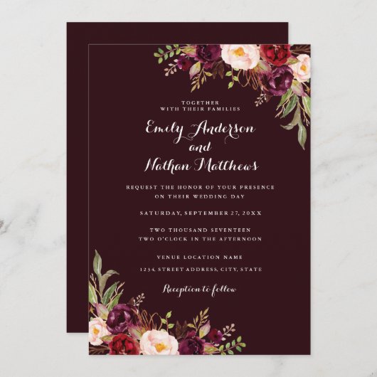 Einladung von Deep Burgundy Red Floral Wedding (Vorne/Hinten)