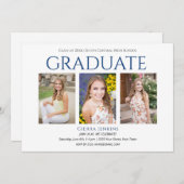 Einladung von drei Foto White Blue Graduation Part (Vorne/Hinten)