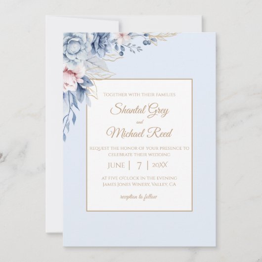 Einladung von Dusty Blue and Gold Floral Wedding (Vorderseite)
