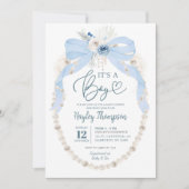 Einladung von Dusty Blue Bow und Pearl Baby Shower (Vorderseite)