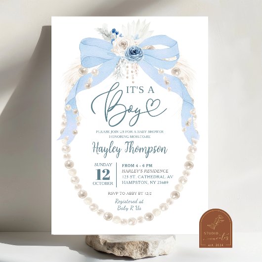 Einladung von Dusty Blue Bow und Pearl Baby Shower