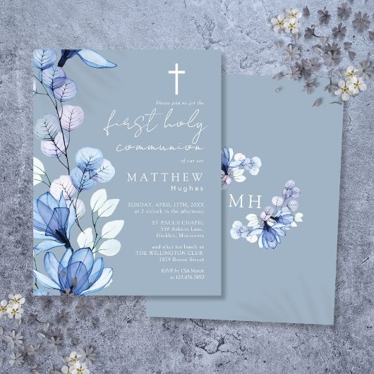 Einladung von Dusty Blue Floral First Heilige Komm Postkarte