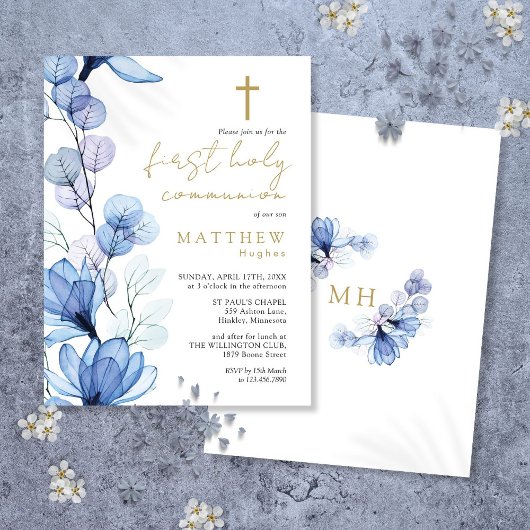 Einladung von Dusty Blue Floral First Heilige Komm Postkarte