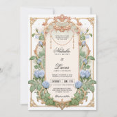 Einladung von Dusty Blue Floral und Gold Hochzeit (Vorderseite)