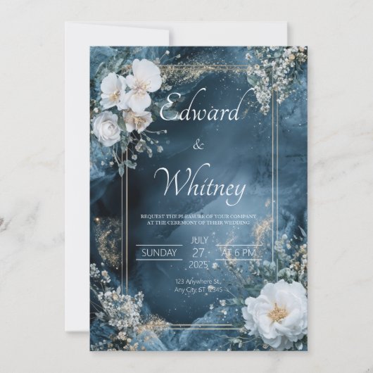 Einladung von Dusty Blue & Gold Floral Wedding (Vorderseite)