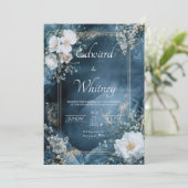 Einladung von Dusty Blue & Gold Floral Wedding (Stehend Vorderseite)