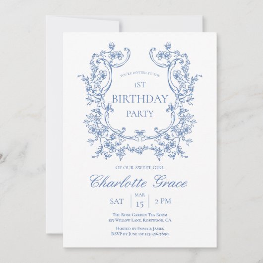 Einladung von Dusty Blue Vintag Monogram Birthday (Vorderseite)