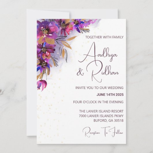 Einladung von Eggplant Lila Blumenhochzeit (Vorderseite)