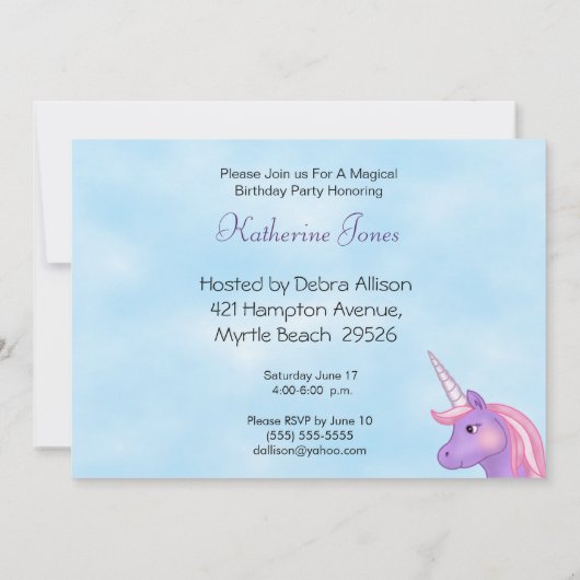 Einladung von Einhorn und Regenbogen zum Geburtsta (Rückseite)
