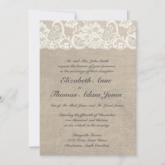 Einladung von Elfenbein und Burlap zur Hochzeit (Vorderseite)