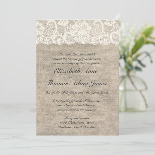 Einladung von Elfenbein und Burlap zur Hochzeit (Stehend Vorderseite)