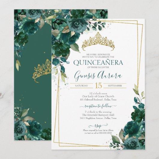 Einladung von Emerald Green Floral von Quinceañera (Vorne/Hinten)