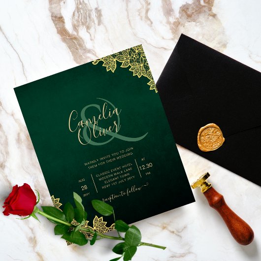 Einladung von Emerald Green Gold Lace zur Hochzeit Flyer