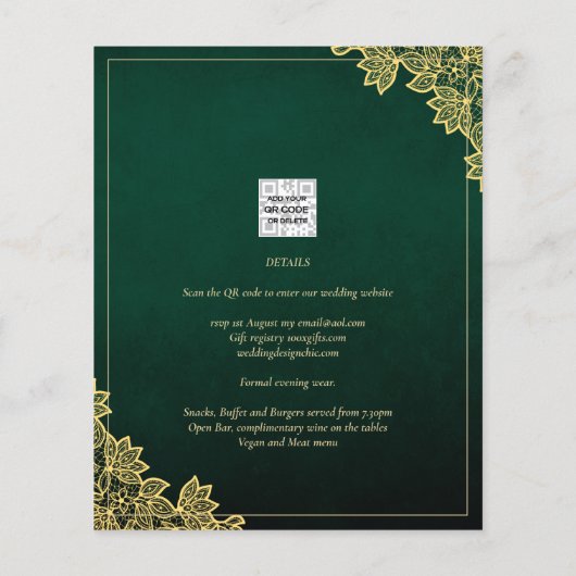 Einladung von Emerald Green Gold Lace zur Hochzeit Flyer (Hinten)