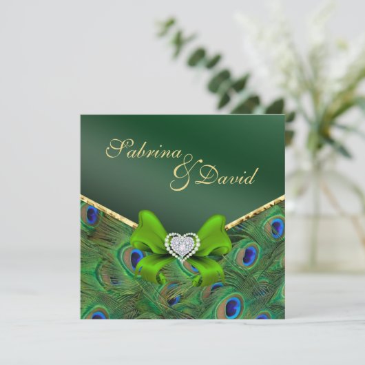 Einladung von Emerald Green Peacock Hochzeit (Stehend Vorderseite)