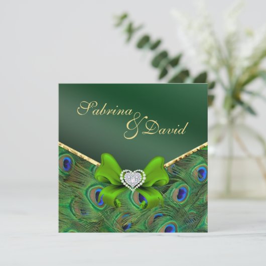 Einladung von Emerald Green Peacock Hochzeit (Stehend Vorderseite)