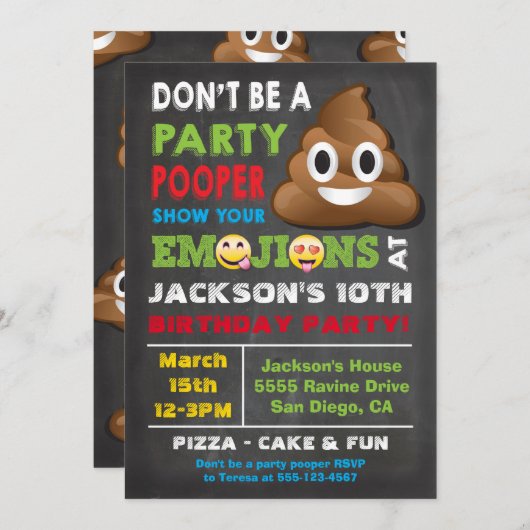 Einladung von Emoji Party Pooper Birthay (Vorne/Hinten)