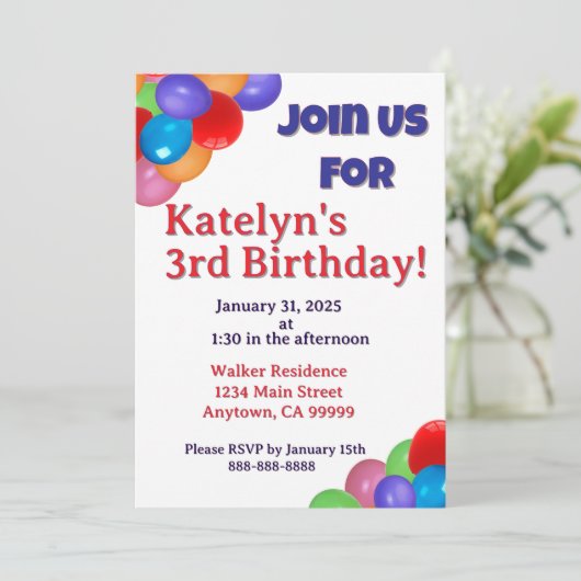 Einladung von farbenfrohen Ballons (Stehend Vorderseite)