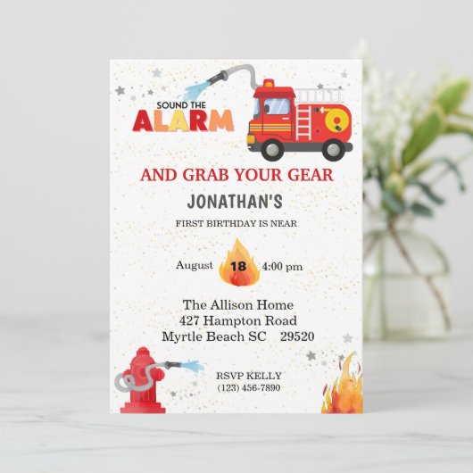 Einladung von Feuerwehrfahrzeugen zum ersten Gebur (Stehend Vorderseite)