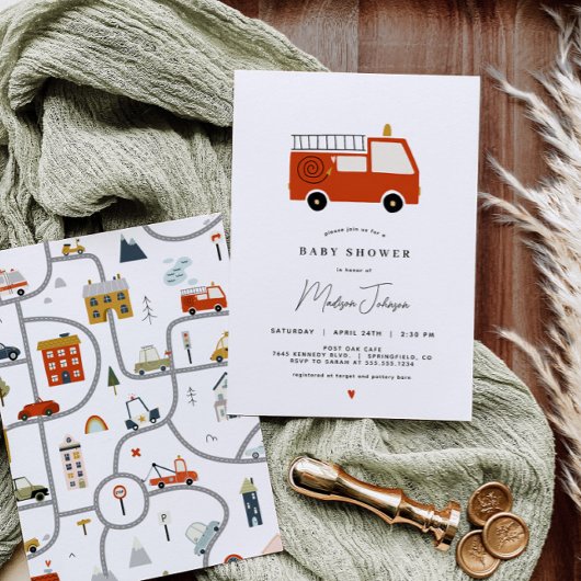 Einladung von Feuerwehrwagen Babydusche