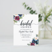 Einladung von Floral Brautparty Navy Blue Burgundy (Stehend Vorderseite)