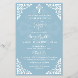 Einladung von Floral Cross Taufen Sky Blue Flyer