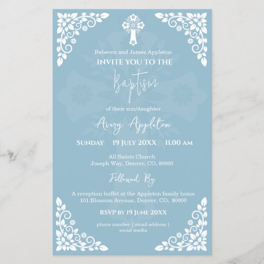 Einladung von Floral Cross Taufen Sky Blue Flyer (Vorne)